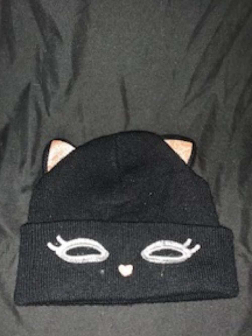 Purrfect Cat Ear Beanie — Black Knit with Embroidered Face